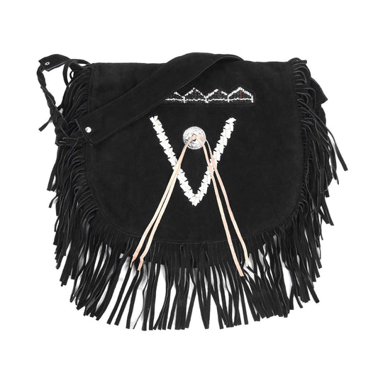 Women's Black Suede Fringe Crossbody Purse with Beaded Tribal Embroidery